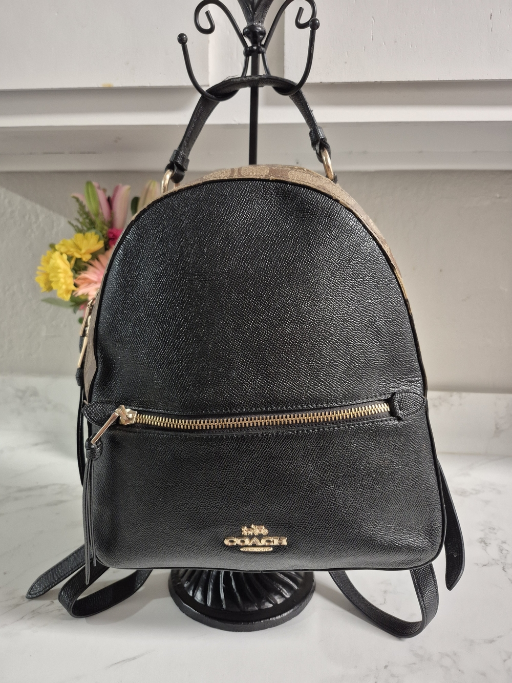 Coach Jordyn Black Leather Backpack with Gold Hardware and Signature Trim